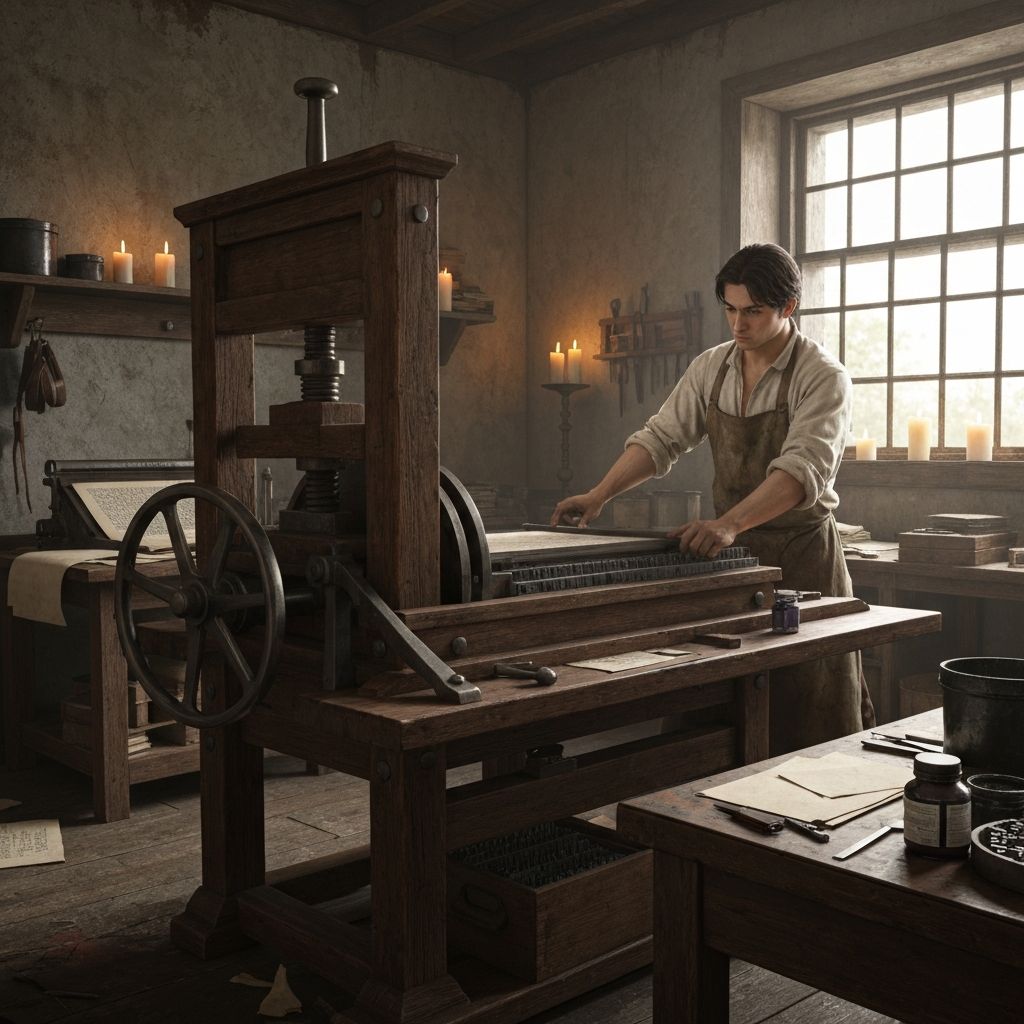 An 18th-century printing press in a colonial workshop, with wooden frame, metal type, and printed sheets. Printers used hand-operated presses to produce newspapers and pamphlets.