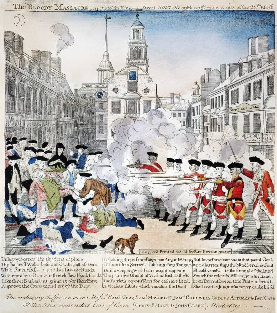 Paul Revere's hand-colored engraving The Bloody Massacre showing British soldiers in red coats firing in a line at colonists in King Street Boston, with the Custom House and Butcher's Hall labeled, church steeple in background, smoke from muskets, victims on ground including Crispus Attucks, and a calm dog in the foreground