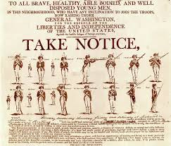 Revolutionary War recruitment broadside titled 'TAKE NOTICE' showing a row of Continental Army soldiers in uniform at the top, with text below calling for brave, healthy, able-bodied men to enlist under General Washington